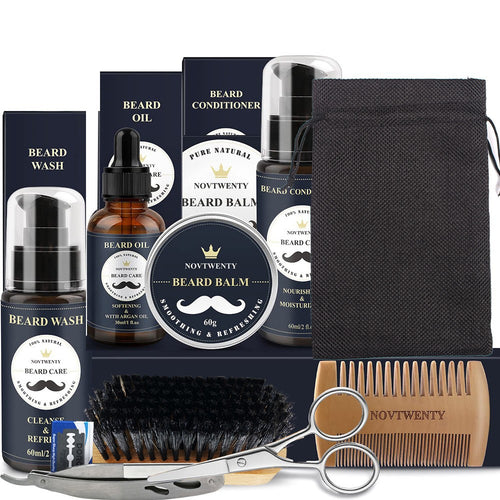 Beard Grooming Kit with Wash, Balm, Brush, Scissors, and Razor