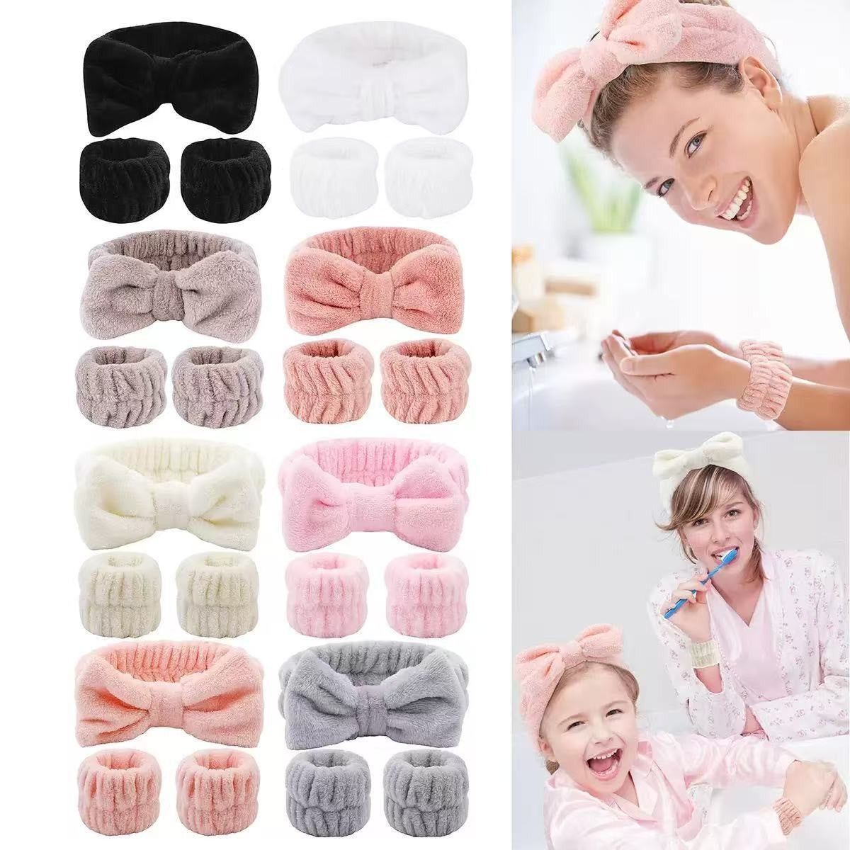 Face Wash Headband with Bow and Wrist Strap Set
