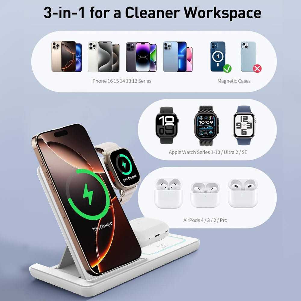 Three-in-One Foldable Wireless Charger for Apple Devices